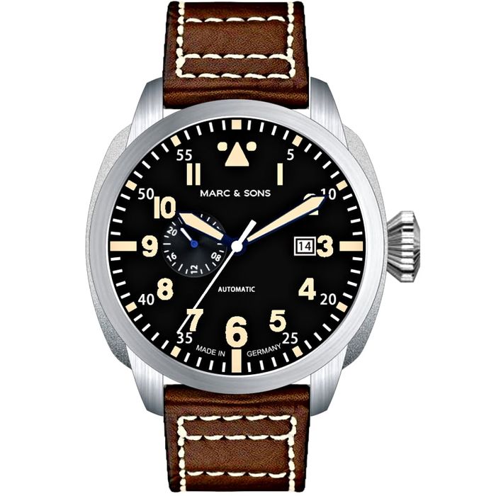 Marc & Sons Classic Vintage Professional Automatic Men's Pilot Watch 46mm 10ATM Black Dial/Brown Band MSF-006-OR-L1